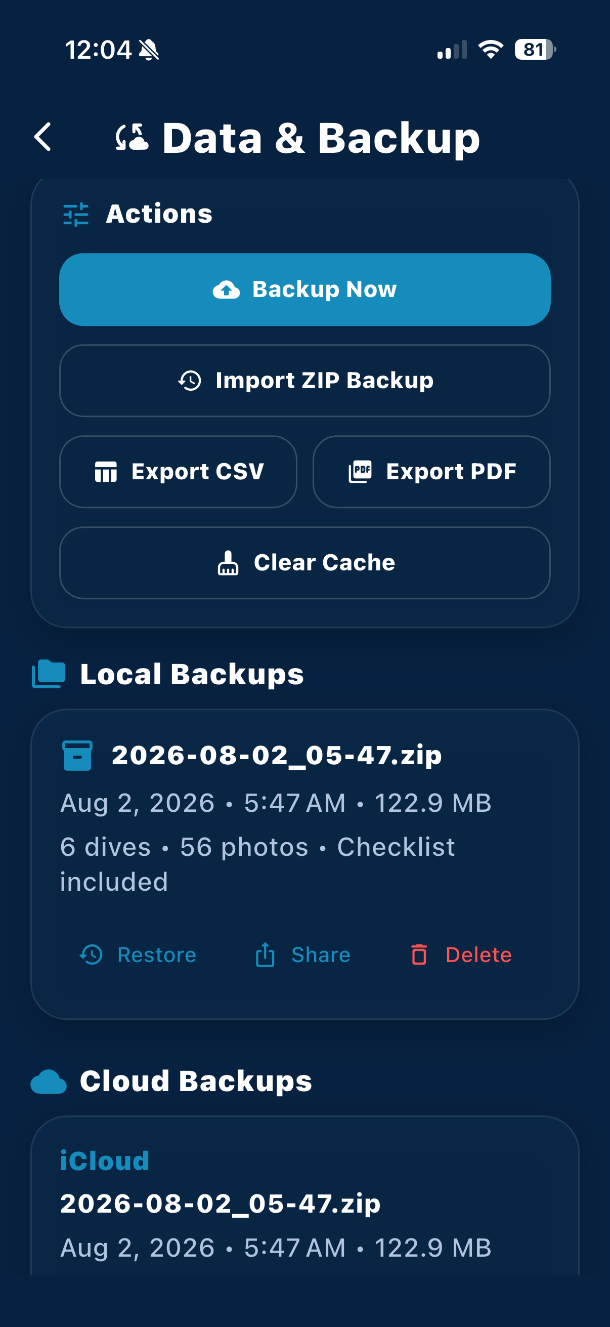 SpearoLog data backup screen showing backup and restore related controls
