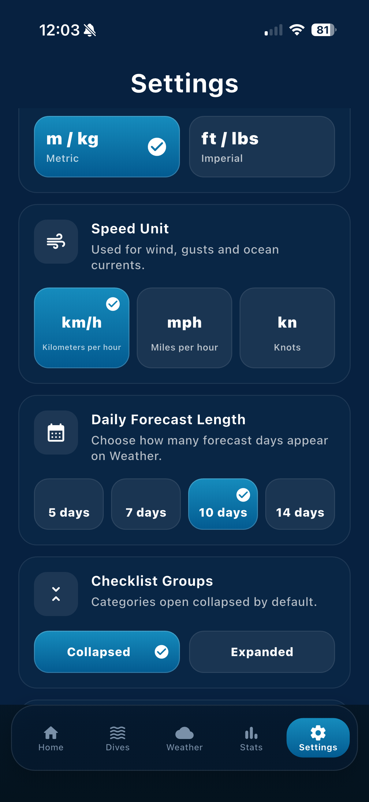 SpearoLog settings and preferences screen showing language and measurement options